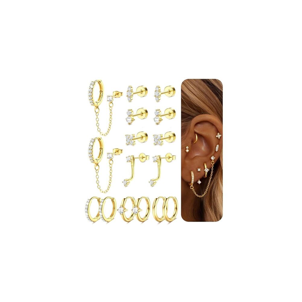 Hypoallergenic Flatback Stud Hoop 14K Gold Plated Earrings Stacks
